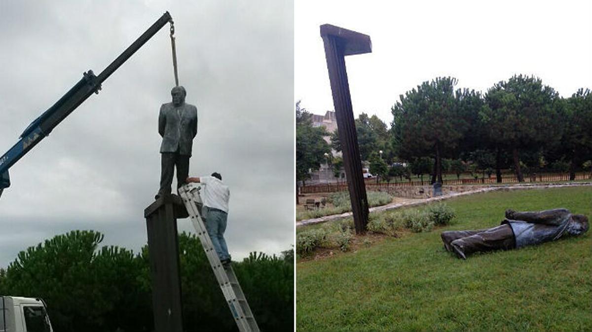 El monumento ha aparecido en el suelo y los técnicos del ayuntamiento no han podido volver a ponerla en su pedestal.