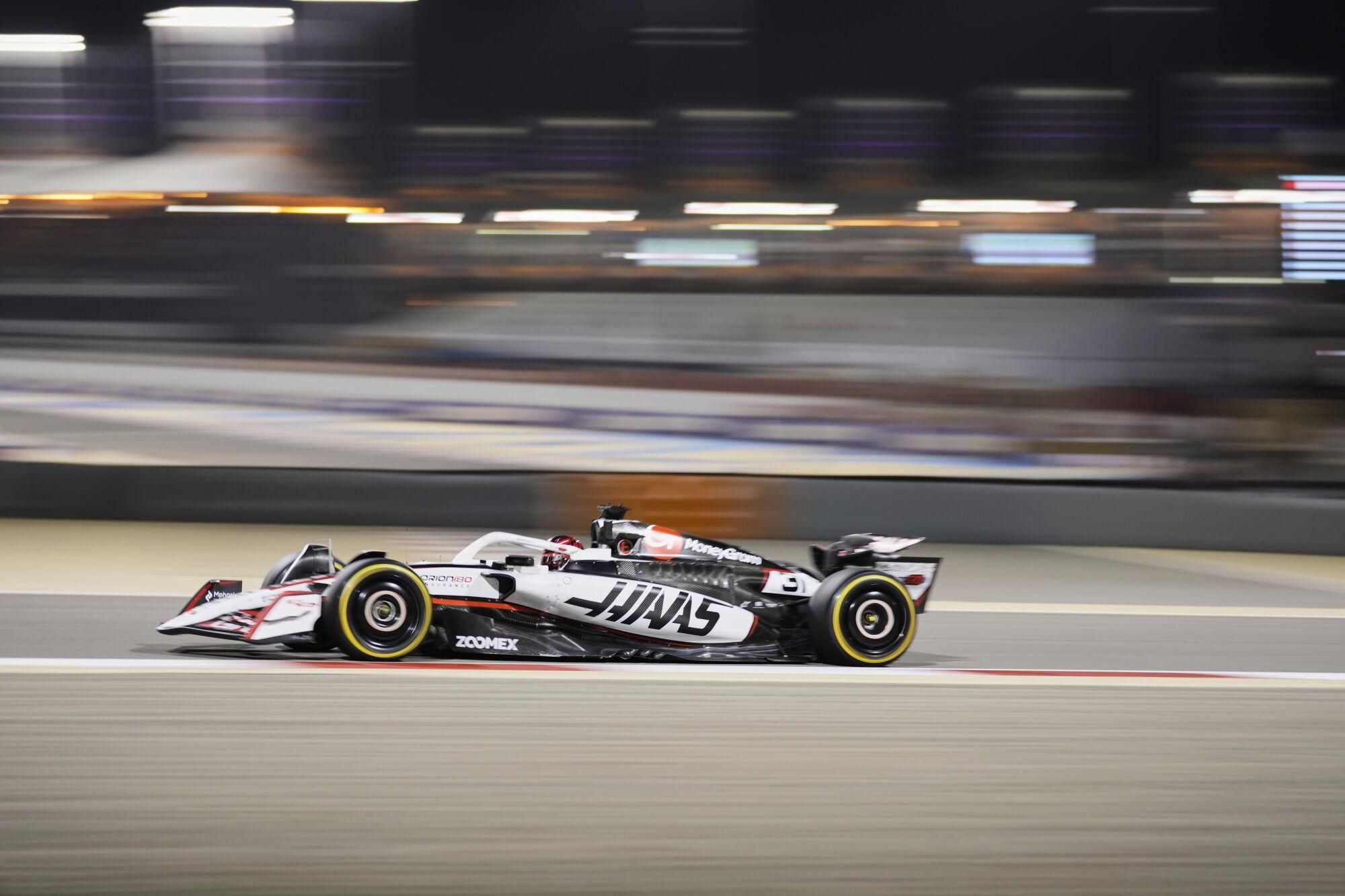 Haas driver Esteban Ocon of France in action during the the Formula One Bahrain Grand Prix, in Sakhir, Sunday, April 13, 2025. (AP Photo/Darko Bandic)