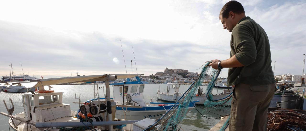 Un pescador artesanal prepara sus redes en el puerto de Ibiza.