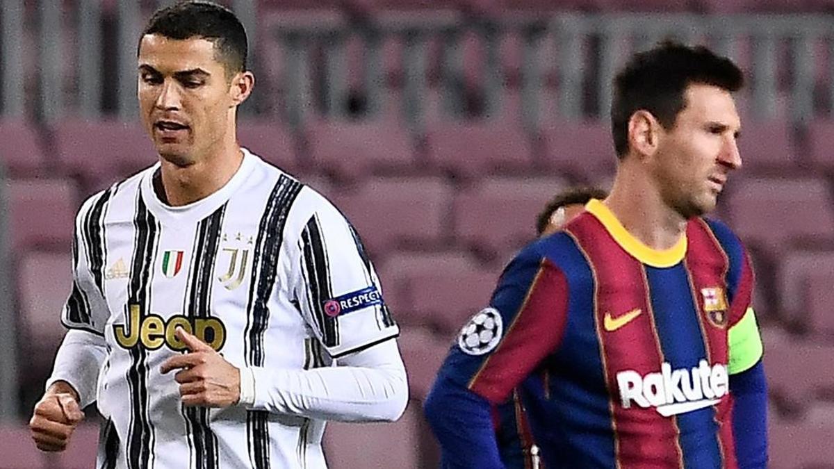 Juventus  Portuguese forward Cristiano Ronaldo (L) walks past Barcelona s Argentinian forward Lionel Messi during the UEFA Champions League group G football match between Barcelona and Juventus at the Camp Nou stadium in Barcelona on December 8  2020  (Photo by Josep LAGO   AFP)