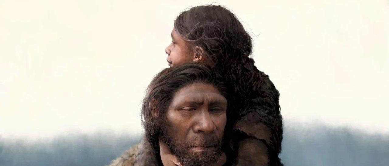 Ilustración de un padre neandertal y su hija.