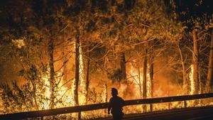 Un operario de las BRIF lucha contra las llamas en la madrugada de este sábado para extinguir el incendio declarado en Cures, Boiro.
