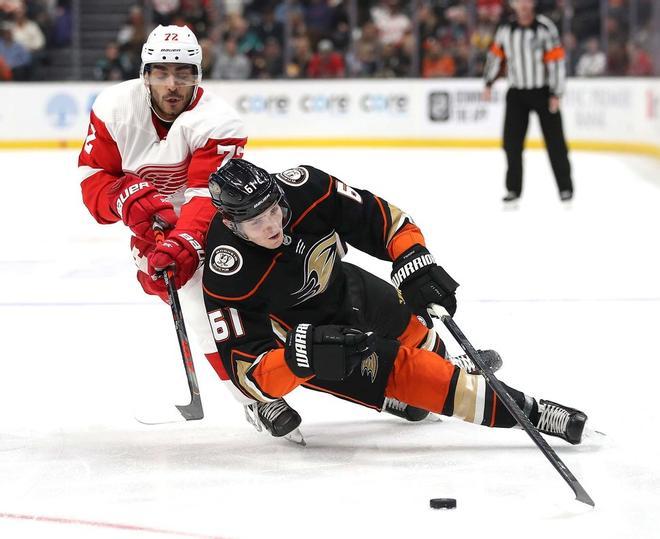 Filip Hronek # 17 de los Detroit Red Wings verifica a Carter Rowney # 24 de los Anaheim Ducks durante el tercer período de un juego en el Honda Center en Anaheim, California.