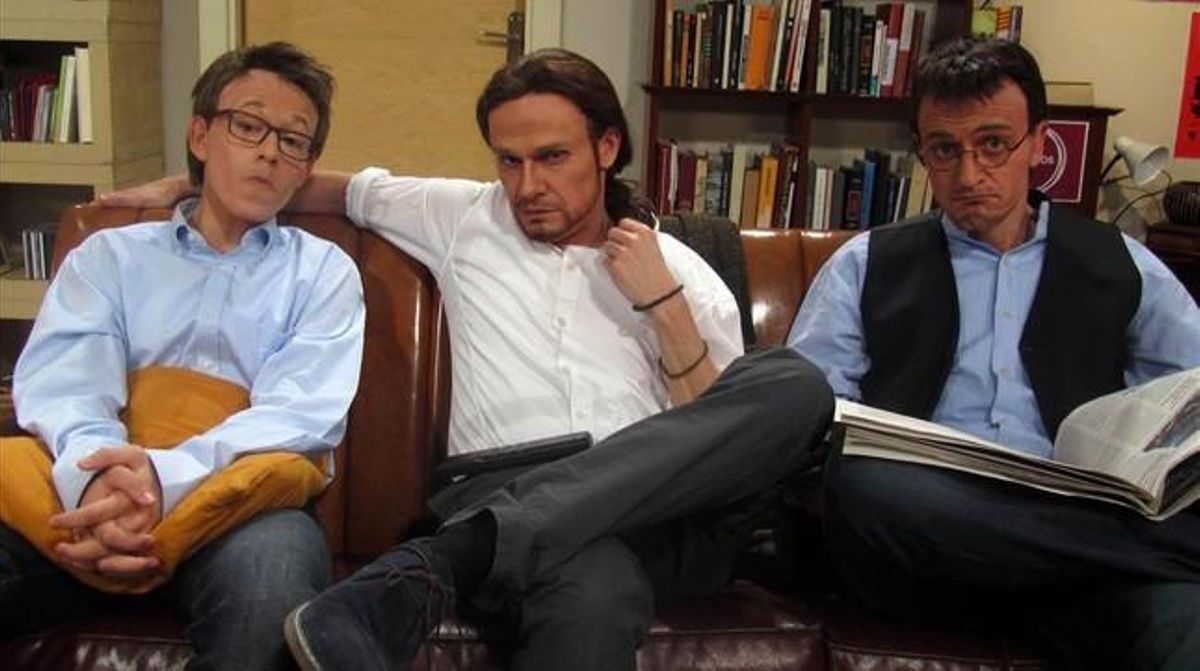 Iñigo Errejón (Nil Cardoner), Pablo Iglesias (Marc Rodríguez) i Juan Carlos Monedero (David Marcé), a ’Polònia’. Iñigo Errejón (Nil Cardoner), Pablo Iglesias (Marc Rodríguez) i Juan Carlos Monedero (David Marcé), a ’Polònia’.