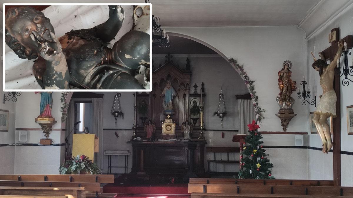 Estado en que ha quedado el interior de la iglesia y el niño Jesús tras el incendio fortuito.