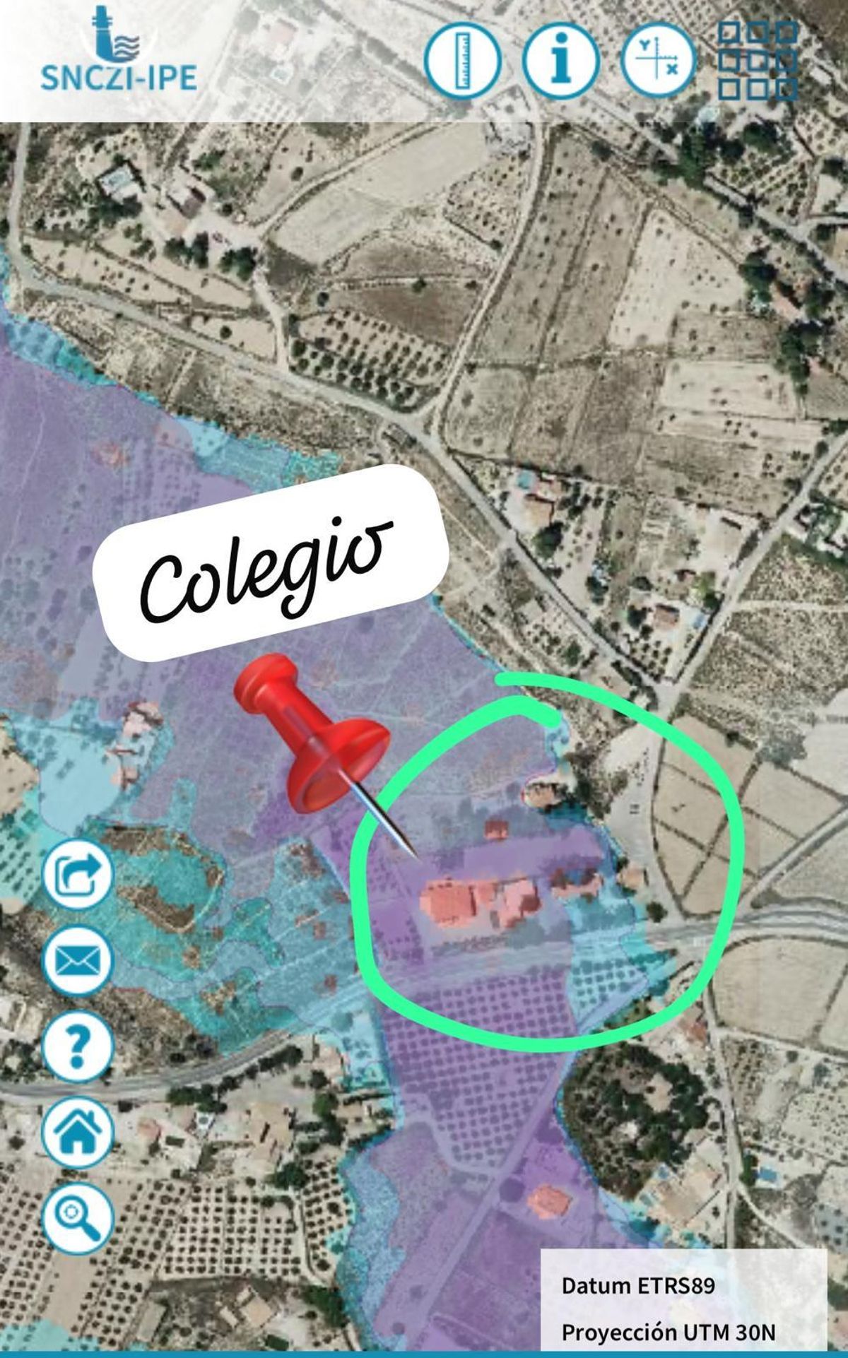 Lugar en el que se encuentra ubicado el colegio y la afección en caso de riada.
