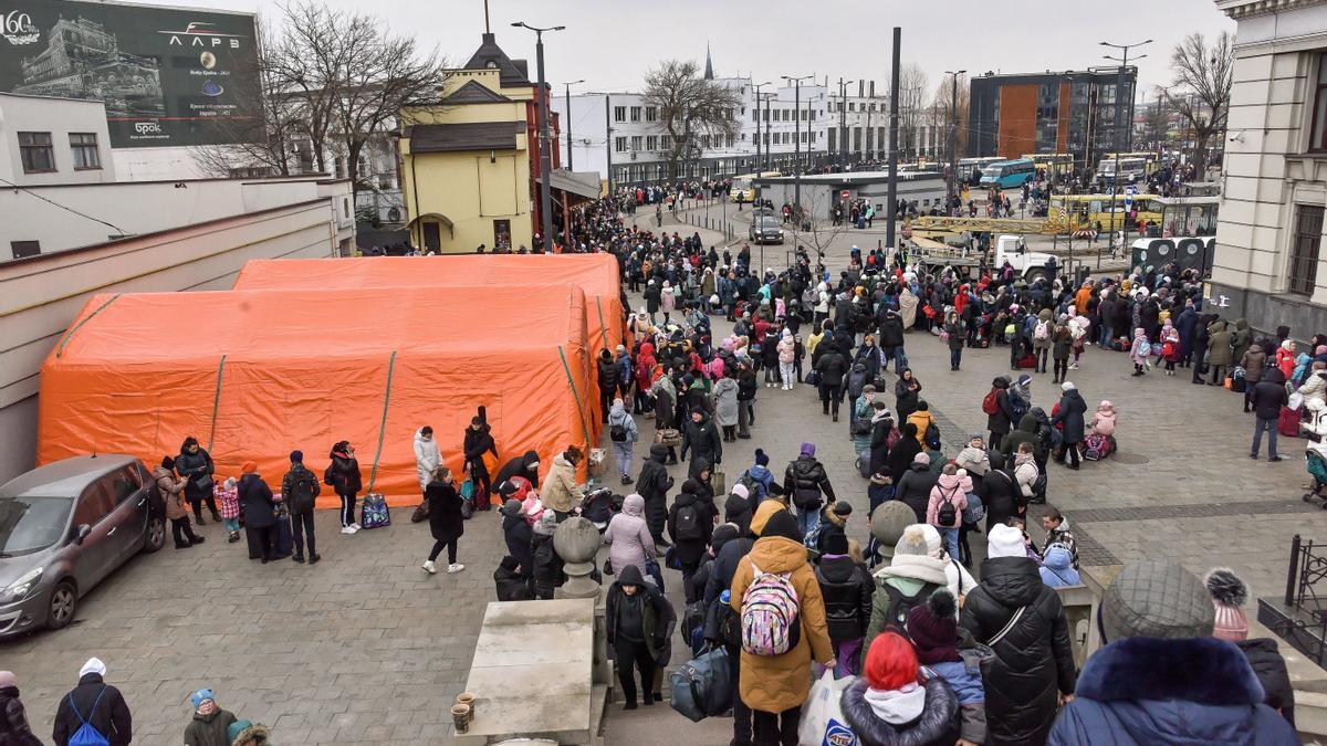 Ukrainian refugees at the train station in Lviv