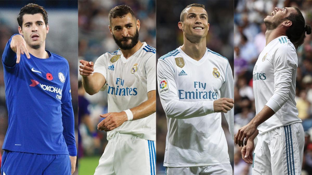 Álvaro Morata (Chelsea), Karim Benzema, Cristiano Ronaldo y Gareth Bale (Real Madrid)