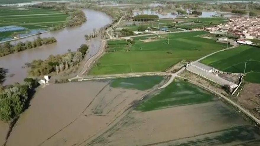 Dos imágenes del Ebro desbordado a su paso por Zaragoza en los últimos días.