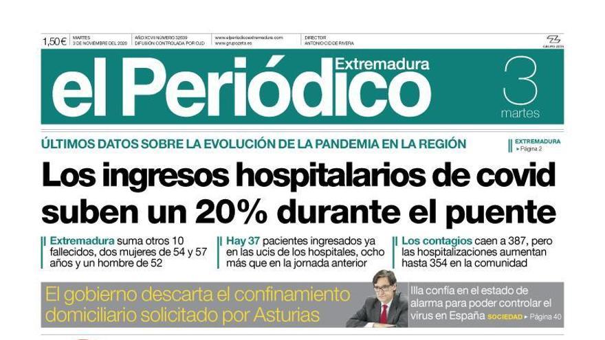 Esta es la portada de EL PERIÓDICO EXTREMADURA correspondiente al día 3 de noviembre del 2020