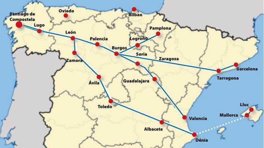 Einmal auf dem Festland können die Pilger wählen zwischen Routen ab Barcelona, Tarragona, Valencia oder Dénia (Alicante)