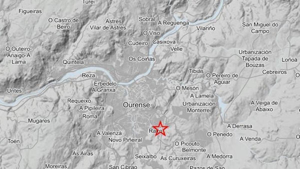 Localización, en Rairo, del terremoto de magnitud 2,7 registrado esta pasada madrugada en Ourense.