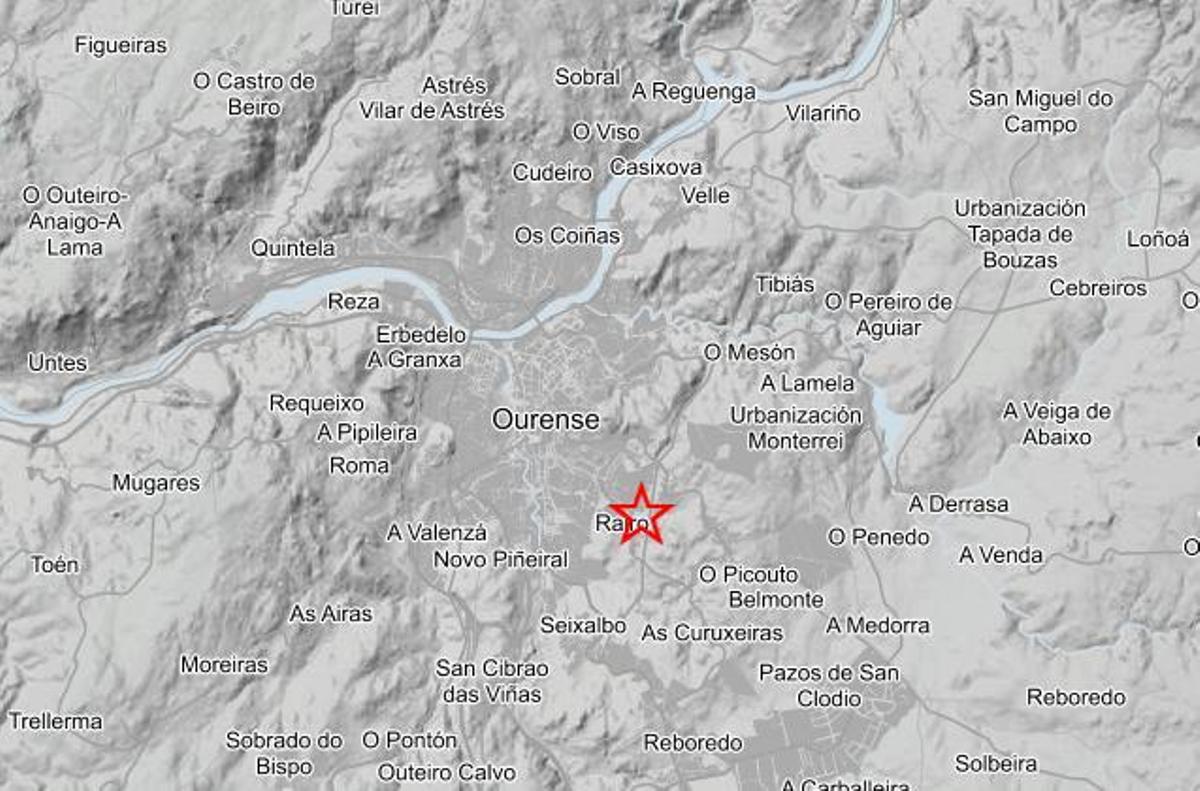 Localización, en Rairo, del terremoto de magnitud 2,7 registrado esta pasada madrugada en Ourense.