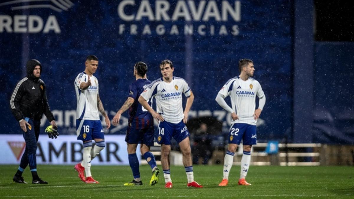 Poussin, Arriaga, Francho y Marí, al término del encuentro ante el Eldense.
