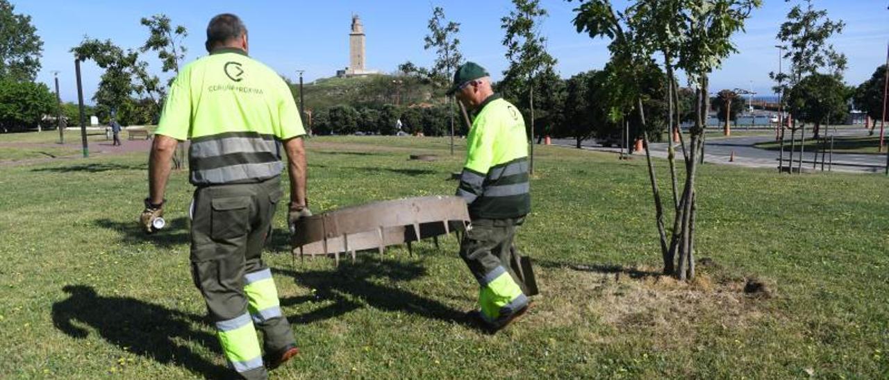 Dos operarios retiran las piezas de hierro que hasta ahora rodeaban los árboles.  |  // CARLOS PARDELLAS