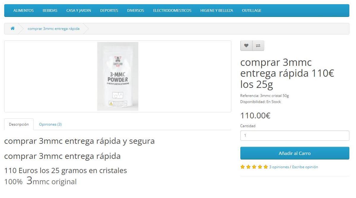 Anuncio de venta de catinona sintética en la web, en noviembre de 2023