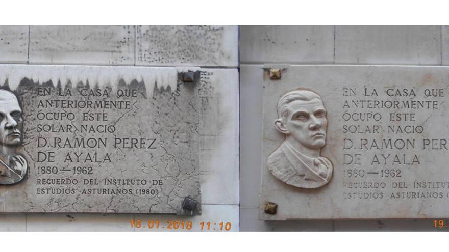 Antes y después de la placa dedicada a Pérez de Ayala en Campomanes.