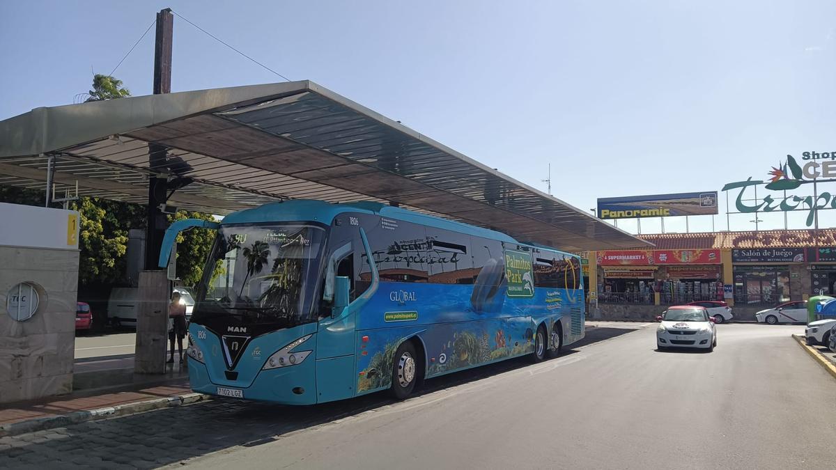 Imagen de archivo de una guagua de Global estacionada en la parada ubicada junto al centro comercial Tropical de Playa del Inglés.
