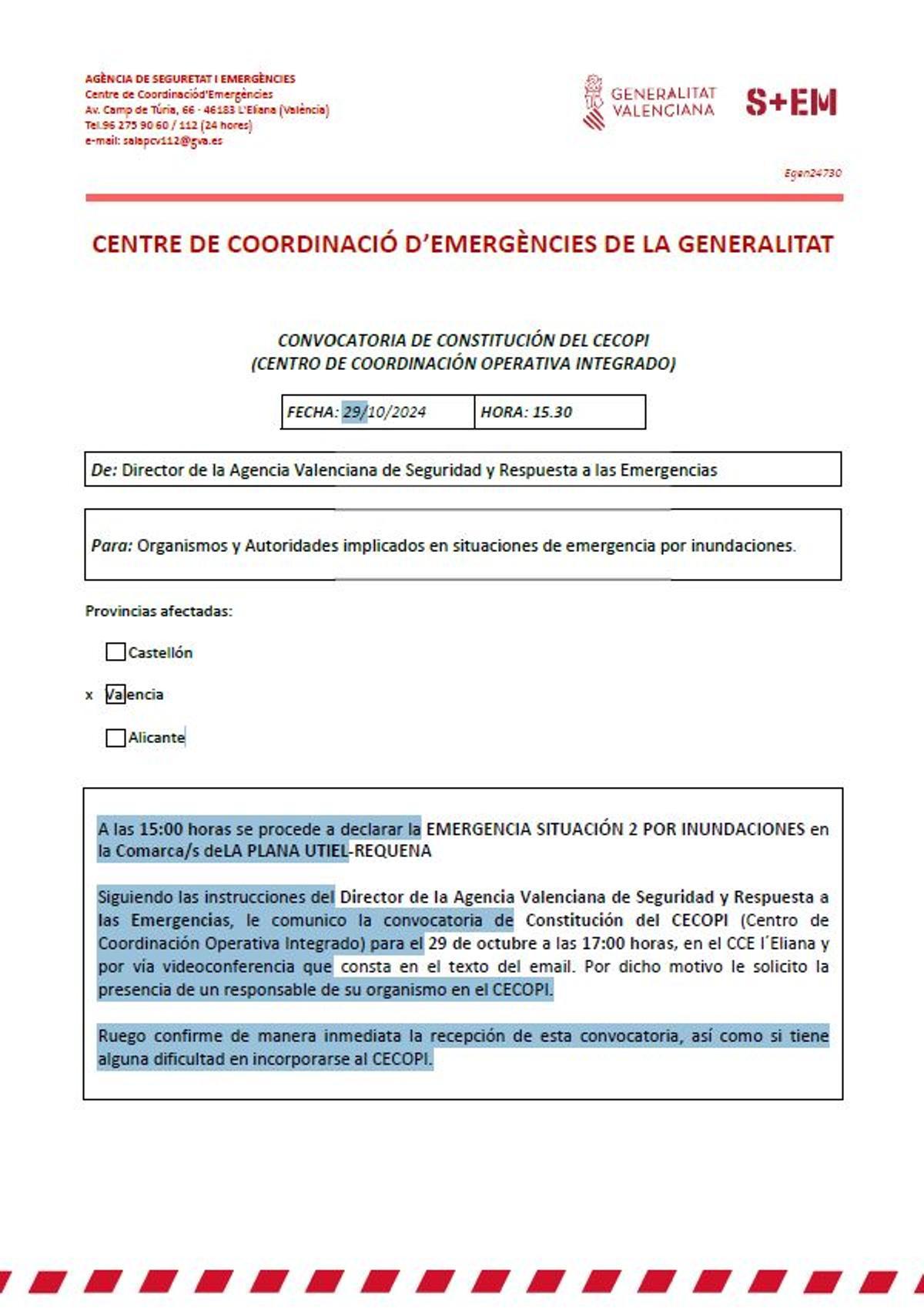 Convocatoria enviada por Emergencias de la Generalitat a Delegación de Gobierno a las 15.30 horas del 29 de octubre para la reunión del Cecopi a las 17.00 horas.