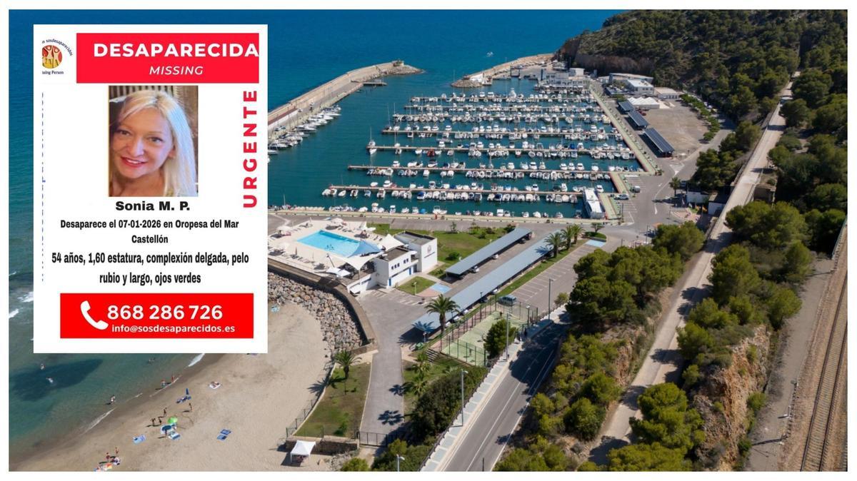 Imagen del puerto deportivo de Orpesa, con la foto de Sonia difundida por SOS Desaparecidos.
