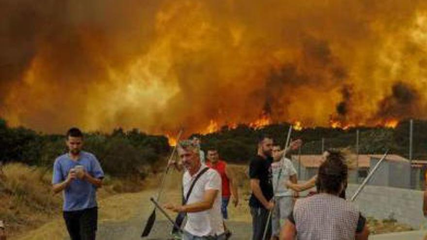 Un grupo de vecinos con batefuegos ante las llamas del incendio forestal de Cualedro, en Ourense.