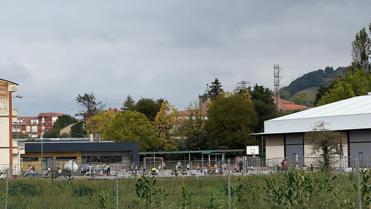 Patio del CP Maliayo, en Villaviciosa, con el terreno perteneciente al SERIDA en primer término