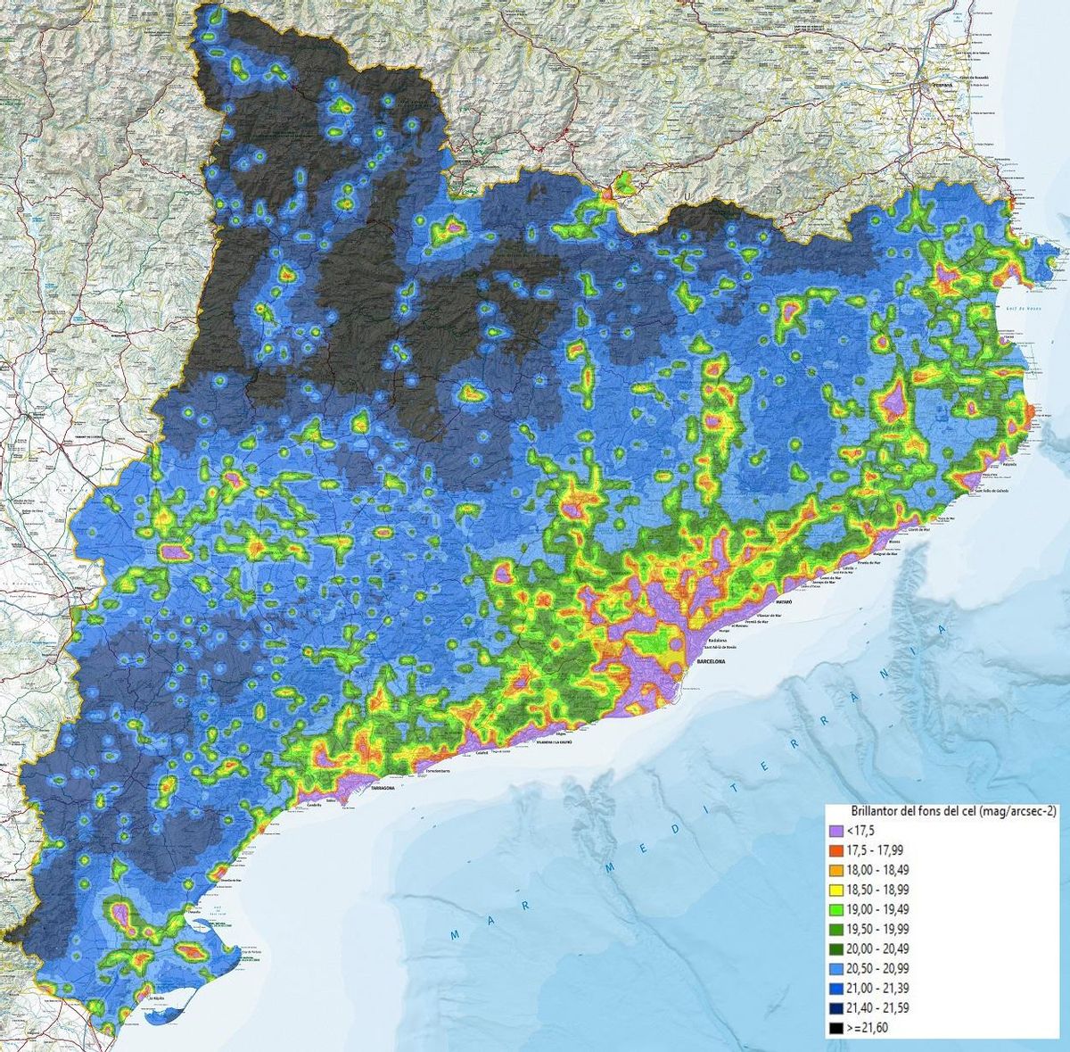 Mapa de la contaminació luminica de Catalunya