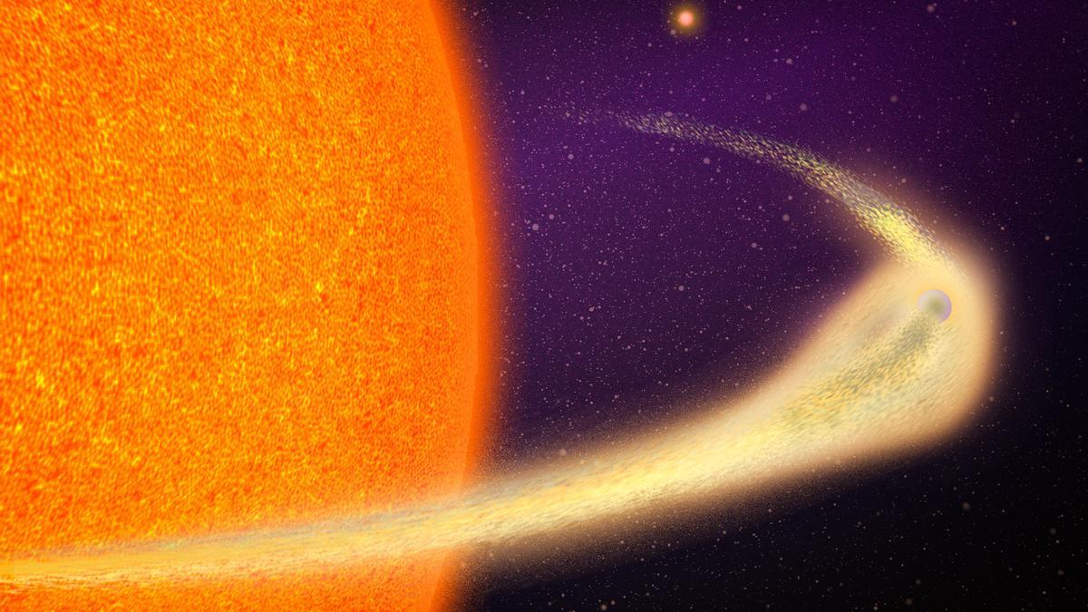 Representación artística del planeta situado a unos 140 años luz de la Tierra que se está desmoronando.