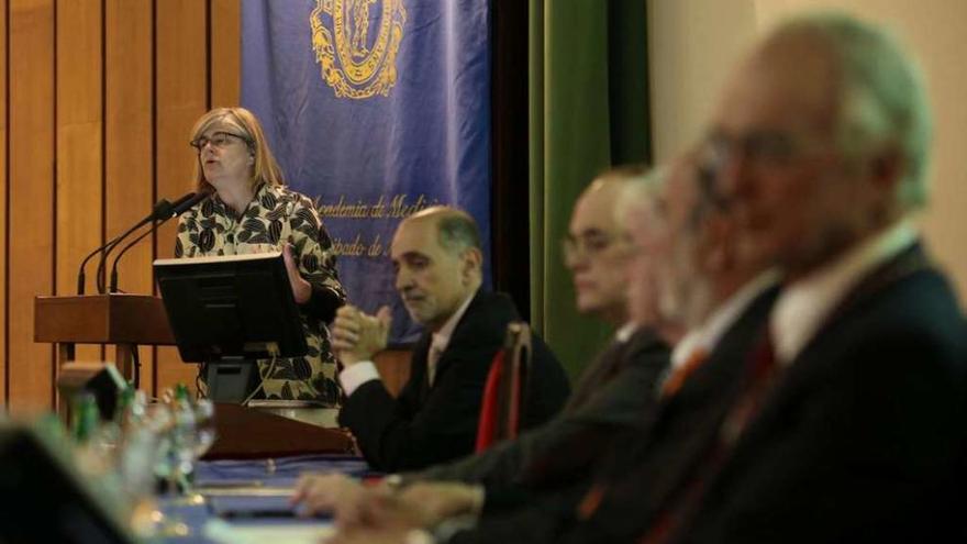 Paz García-Portilla, al fondo, durante su intervención de ayer en el Colegio de Médicos.