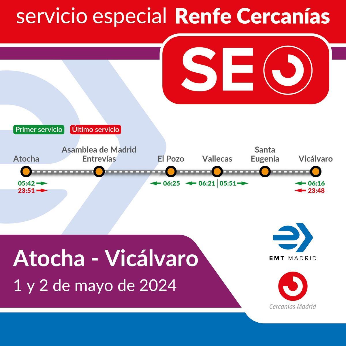 Servicio especial de autbouses entre Atocha y Vicálvaro los días 1 y 2 de mayo.