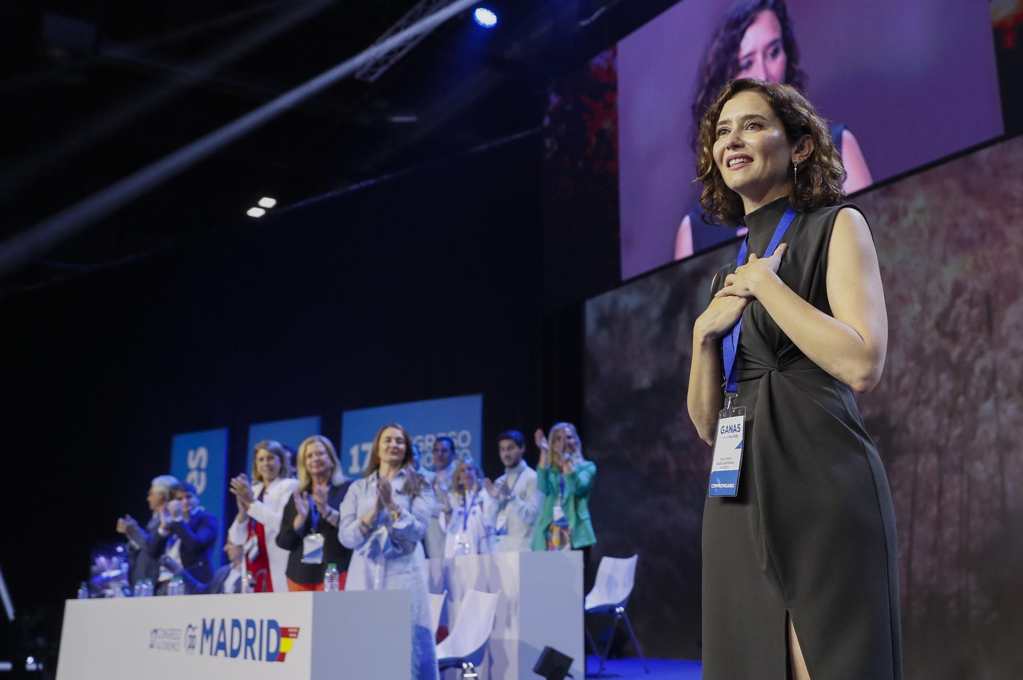 La presidenta de la Comunidad de Madrid, Isabel Díaz Ayuso, interviene durante el 17 Congreso Autonómico Extraordinario del PP que se celebra en el recinto IFEMA de Madrid.