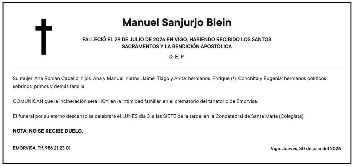 Esquela de FARO con el fallecimiento de Manuel Sanjurjo Blein.