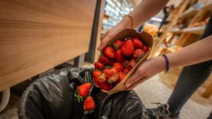 Una comerciante tira a la basura unas fresas estropeadas en su establecimiento.