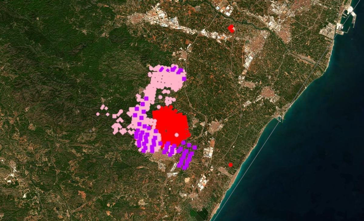 El incendio de la Vall d'Uixó, visto desde el satélite Copernicus.