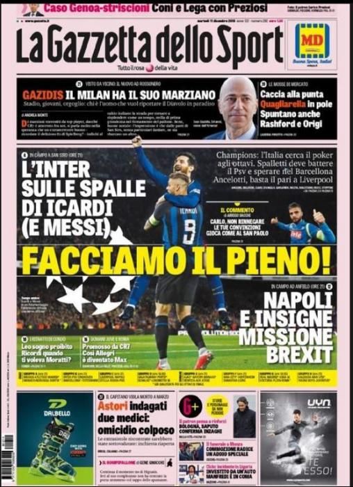 Portada GAZZETTA DELLO SPORT martes 11 diciembre