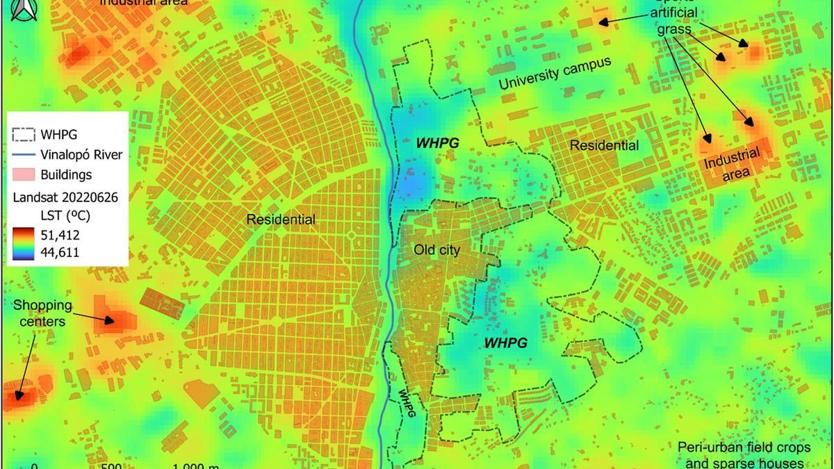 Mapa de "calor" de Elche elaborado por el Departamento de Agroquímica y Medio Ambiente de la UMH para su estudio sobre el Palmeral