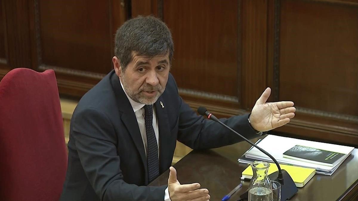 Jordi Sànchez, durante su declaración en el juicio del 'procés', el pasado febrero, en el Tribunal Supremo.