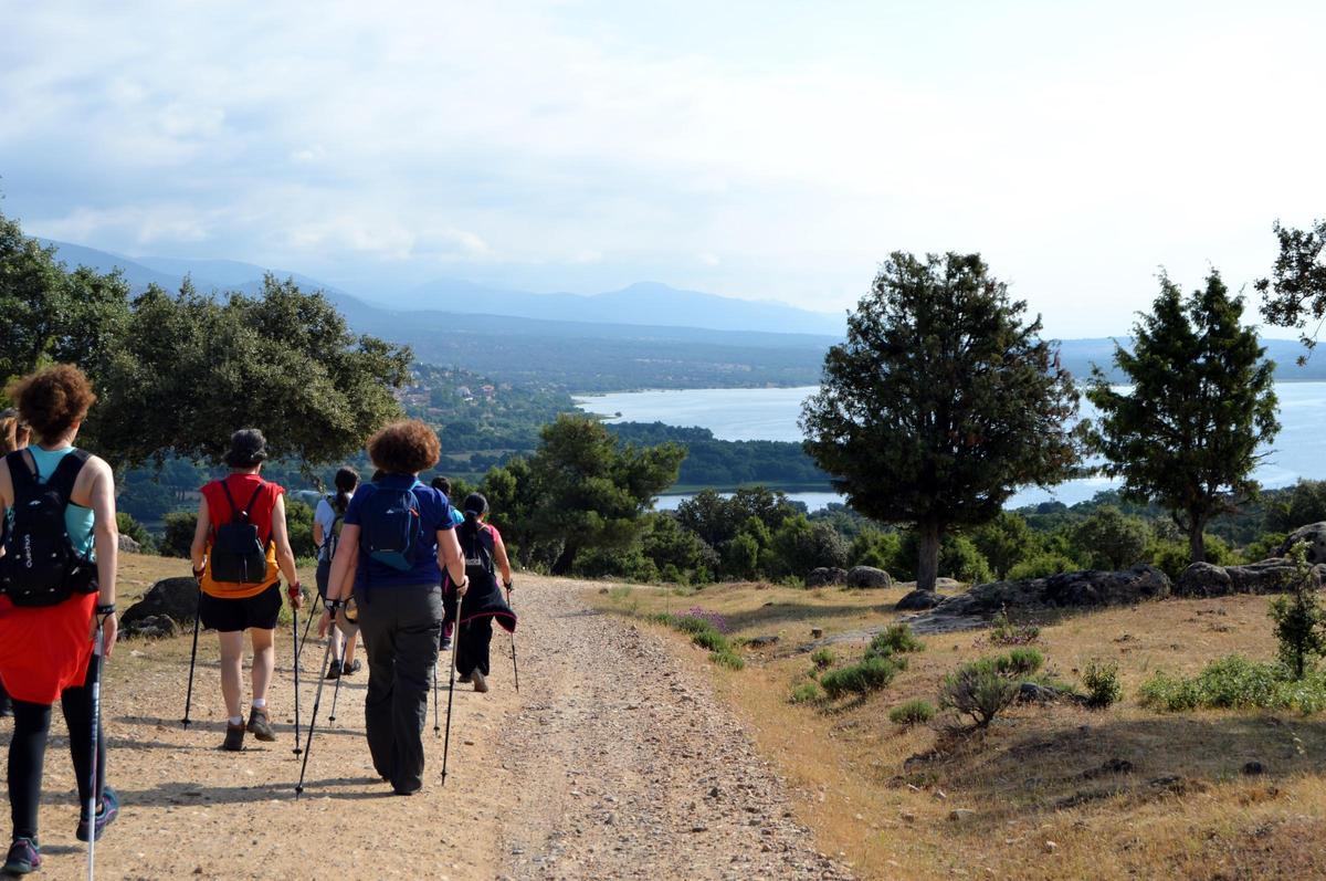 Un grupo practica nordic walking en una zona rural en una sesión de entrenamiento organizada por Global Nordic Walking.