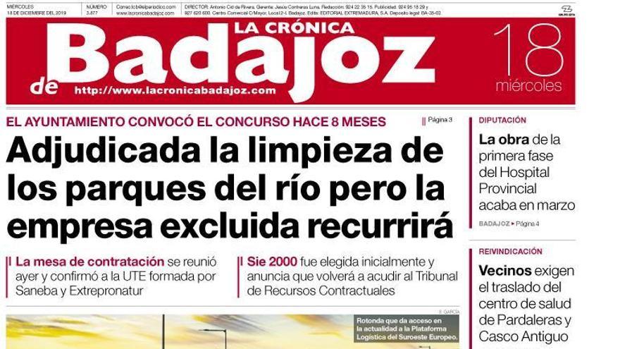 Esta es la portada de LA CRÓNICA DE BADAJOZ correspondiente al día 18 de diciembre del 2019