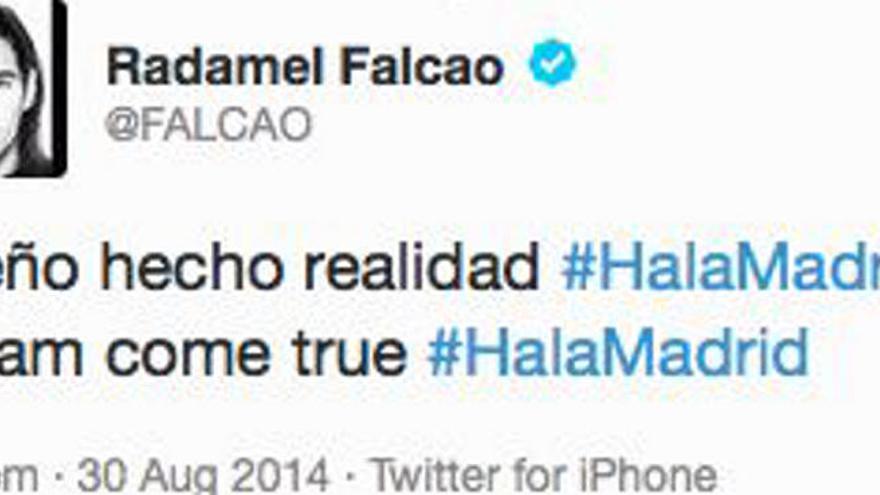 El twitter de Falcao anuncia su fichaje por el Real Madrid