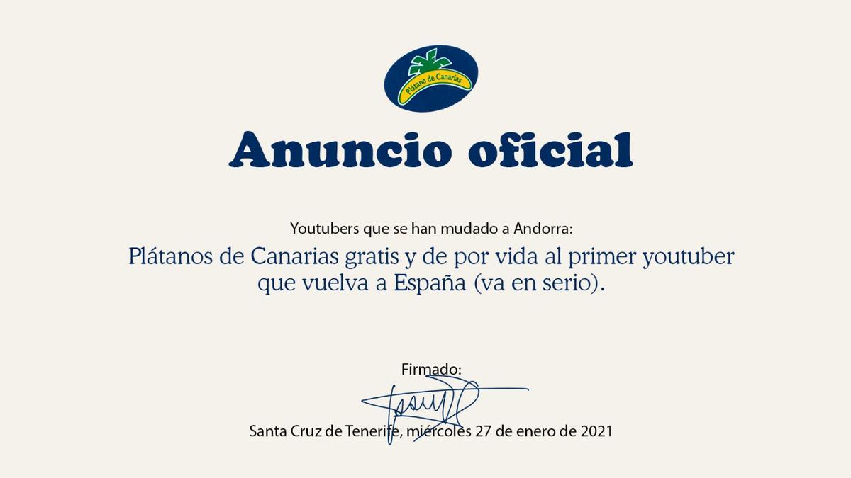 Anuncio oficial de Plátano de Canarias