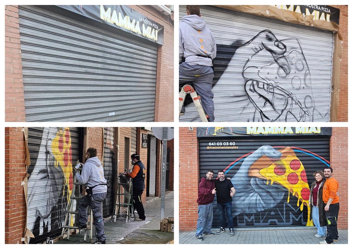 El antes y el después del grafiti de la fachada principal.