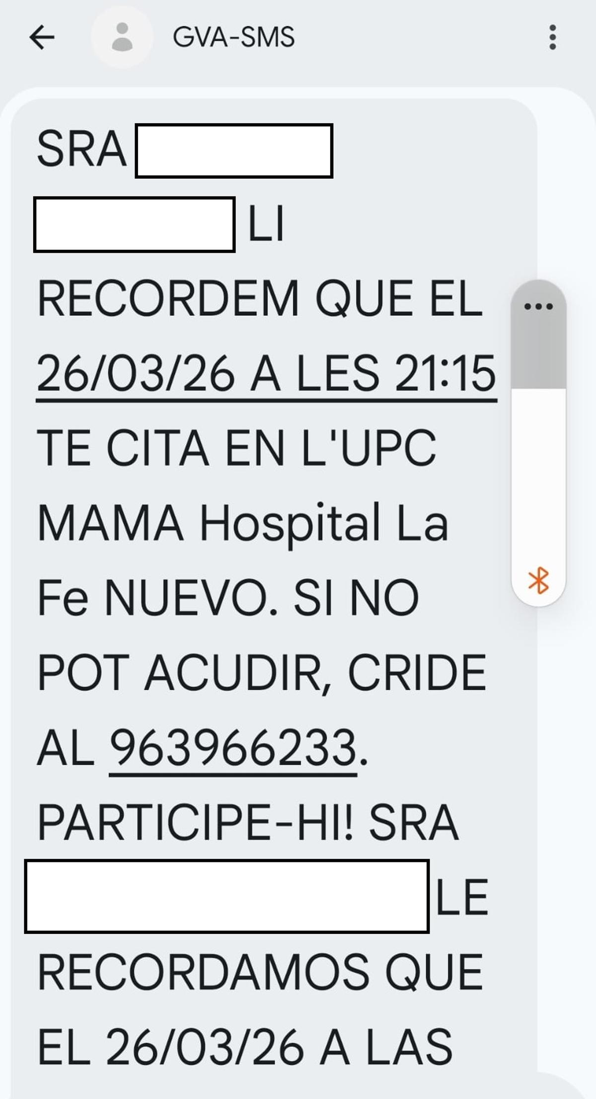 Imagen de la citación para una mamografía a las 21.25 horas,