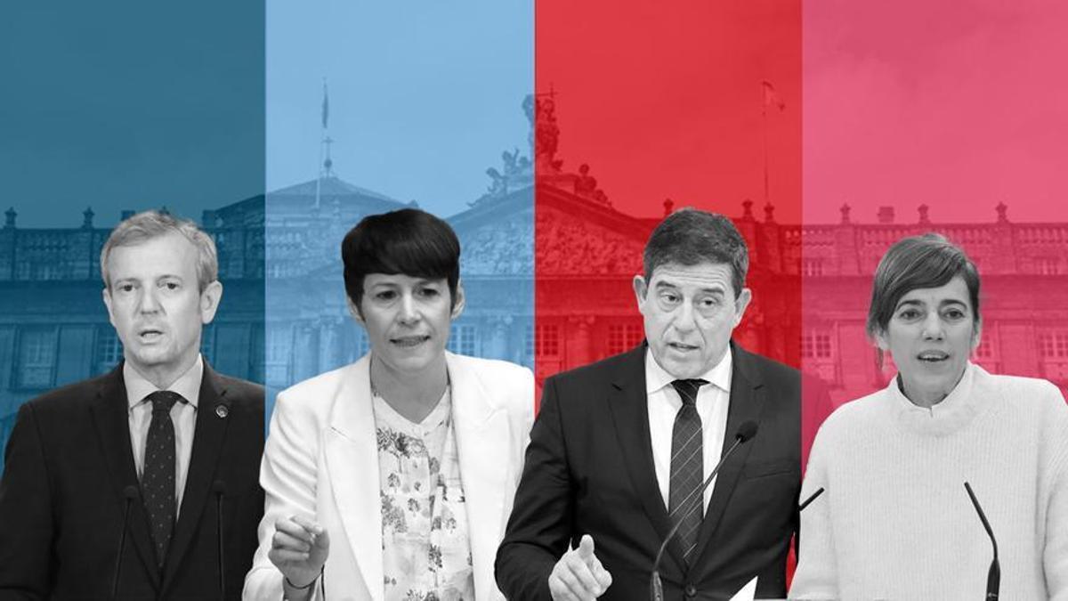 Los candidatos a la Xunta de Galicia: Alfonso Rueda, Ana Pontón, Xosé Ramón Gómez Besteiro y Marta Lois
