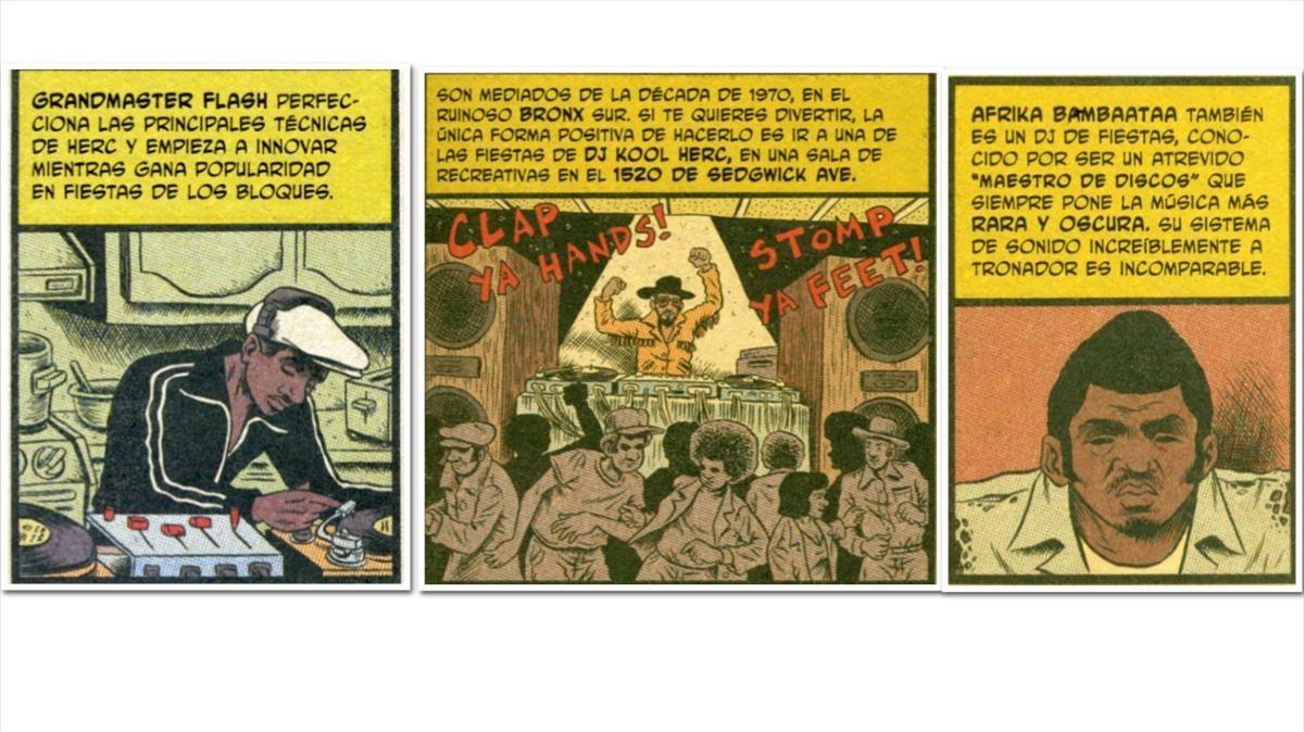 Tres viñetas de 'Hip hop family tree', con Grandmaster Flash, Kool Herc y Afrika Banbaataa, la santísima trinidad de los orígenes del hip hop.