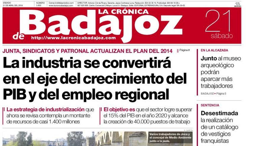 Esta es la portada de LA CRÓNICA DE BADAJOZ correspondiente al día 21 de abril del 2018