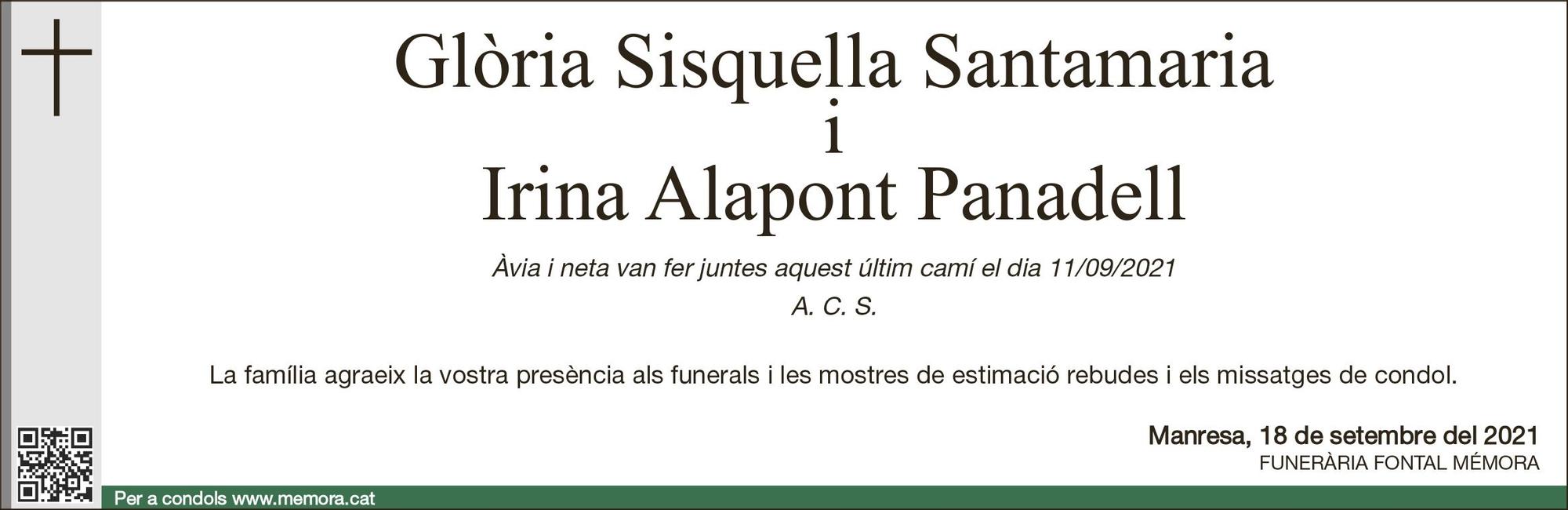 Esquela Glòria Sisquella Santamaria i Irina Alapont Panadell