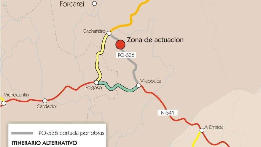 Mapa facilitado por la consellería en el que se recoge la zona de corte y el itinerario alternativo.