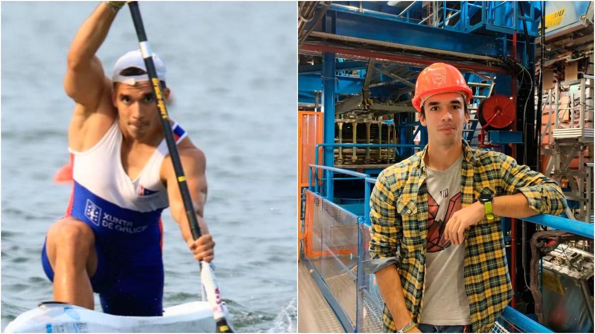 A la izquierda, Pablo Álvarez entrenando en su canoa; a la derecha, en el CERN de Ginebra.