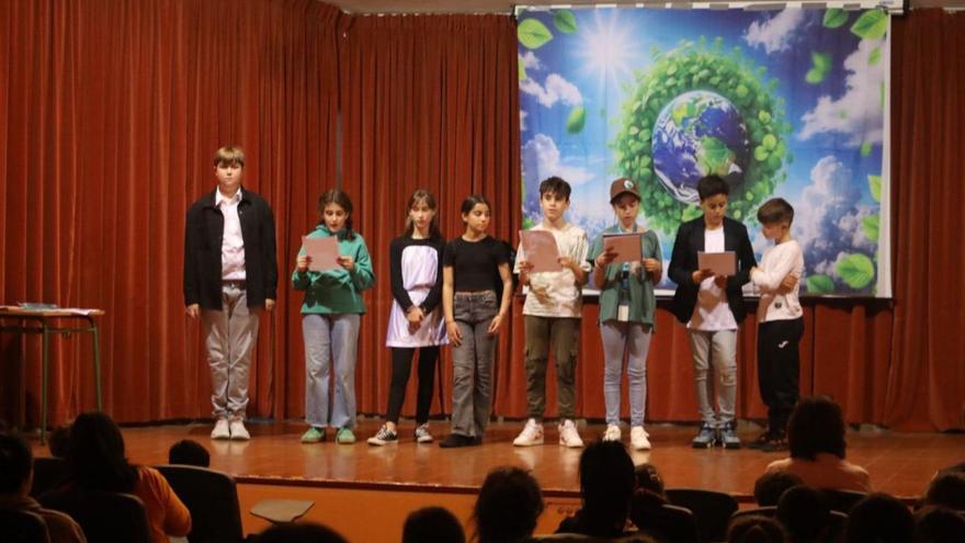 Los alumnos del CEIP Gonzalo de Berceo, con su obra «Piensa en verde», en escena. | ALBA PRIETO